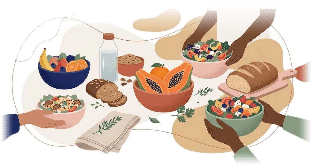 Mesa farta com tigelas de salada e frutas, pão e água, servida por mãos de diferentes tons de pele